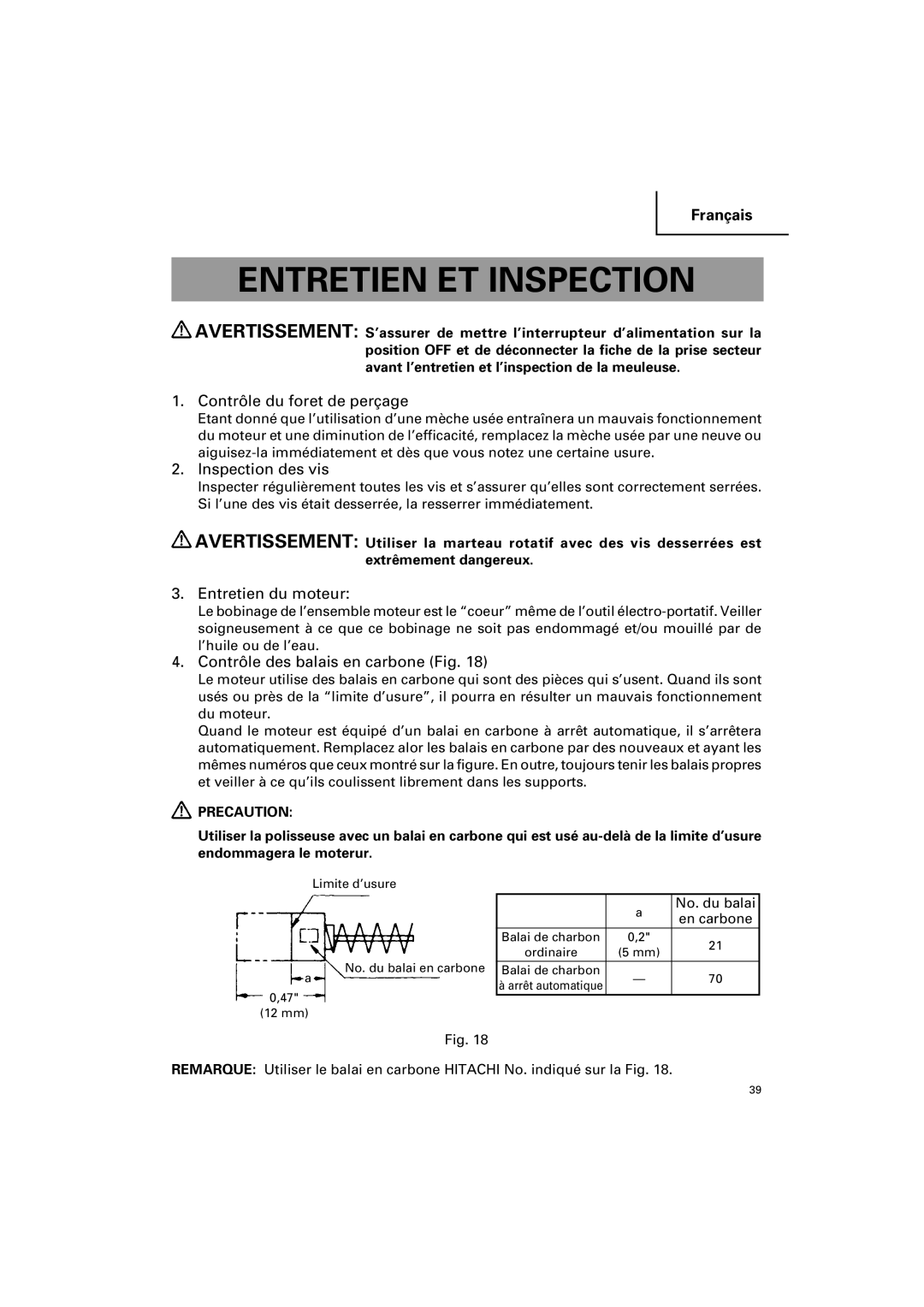 Hitachi DH 25PB Entretien ET Inspection, Contrôle du foret de perçage, Inspection des vis, Entretien du moteur 