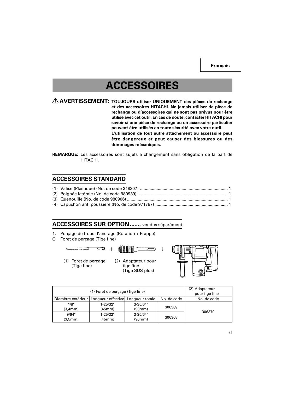 Hitachi DH 25PB instruction manual Accessoires Standard 