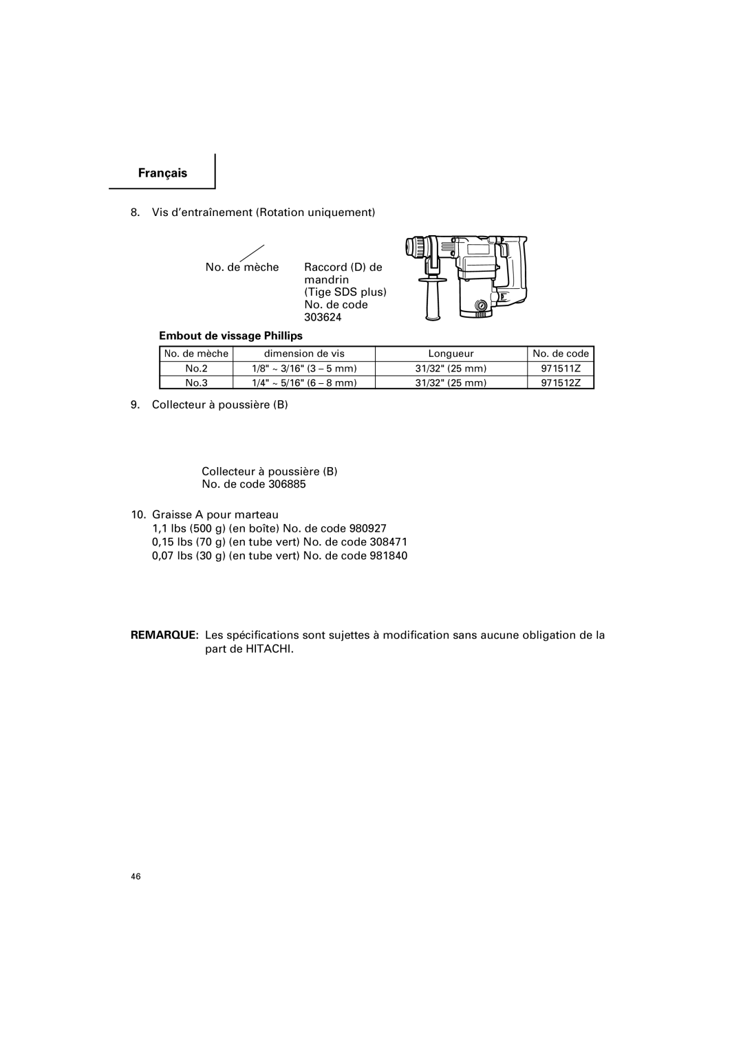 Hitachi DH 25PB instruction manual Embout de vissage Phillips 