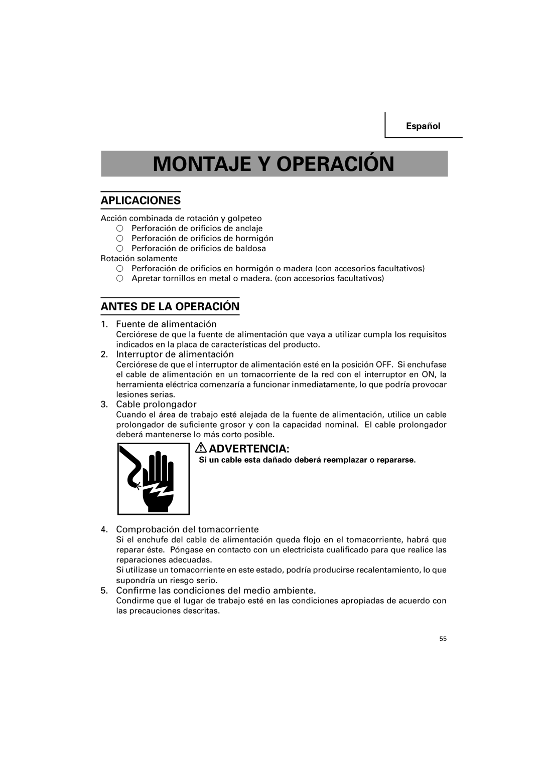 Hitachi DH 25PB instruction manual Montaje Y Operación, Aplicaciones, Antes DE LA Operación 