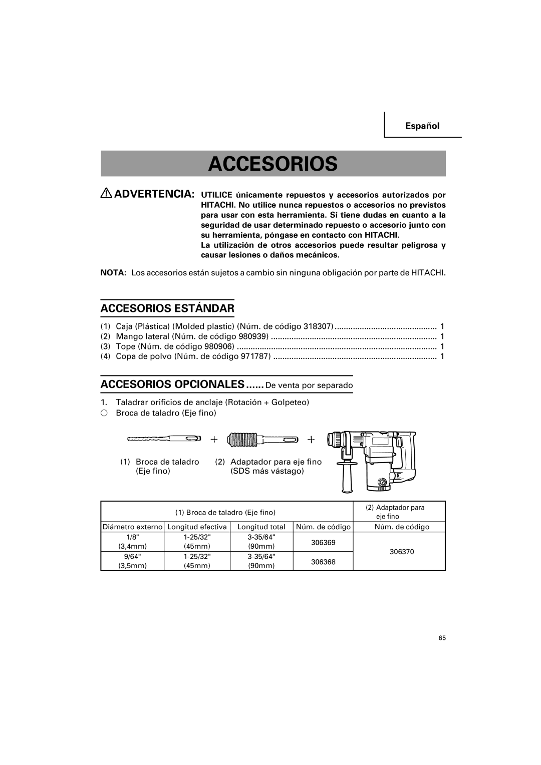 Hitachi DH 25PB instruction manual Accesorios Estándar 