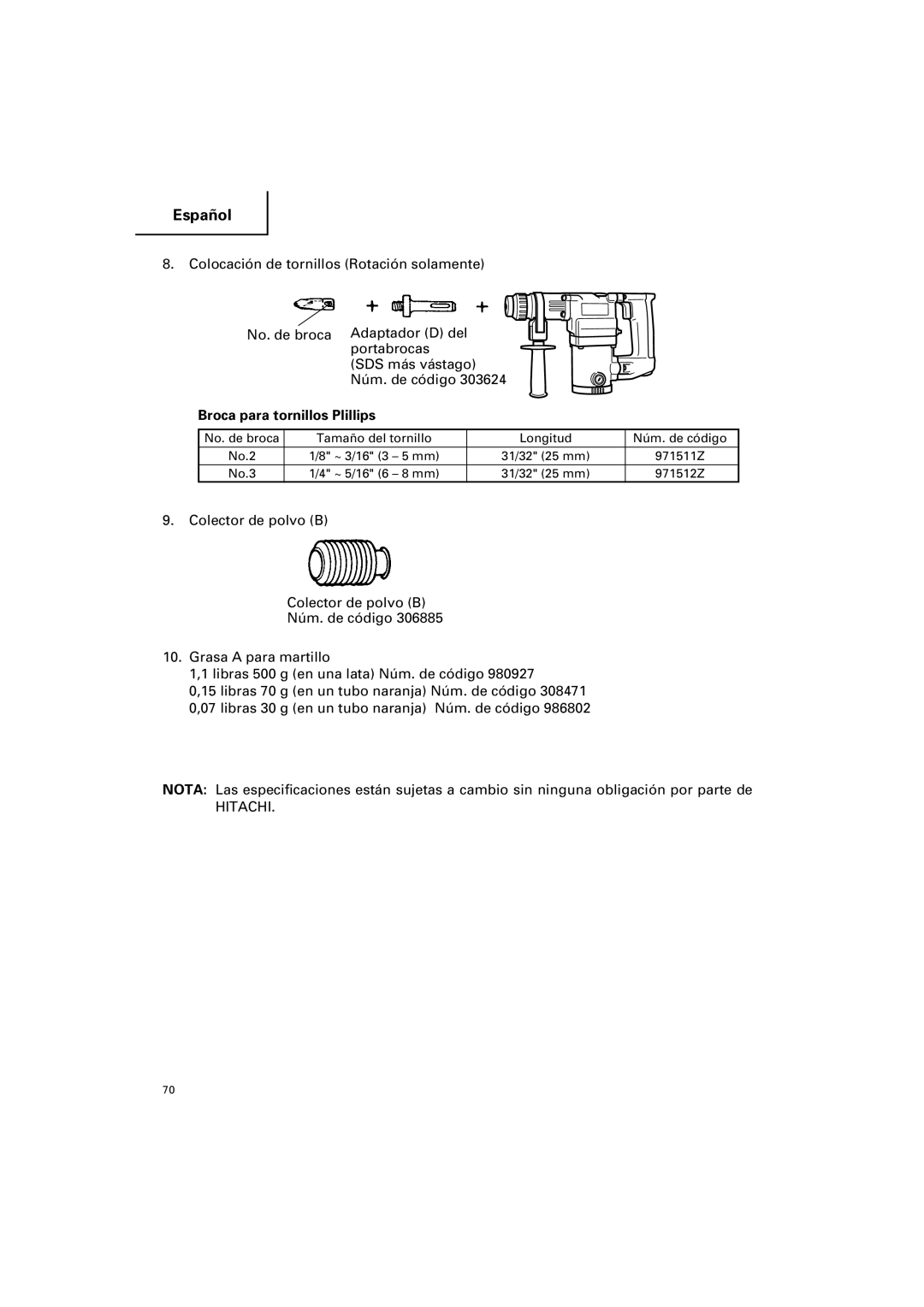 Hitachi DH 25PB instruction manual Broca para tornillos Plillips 