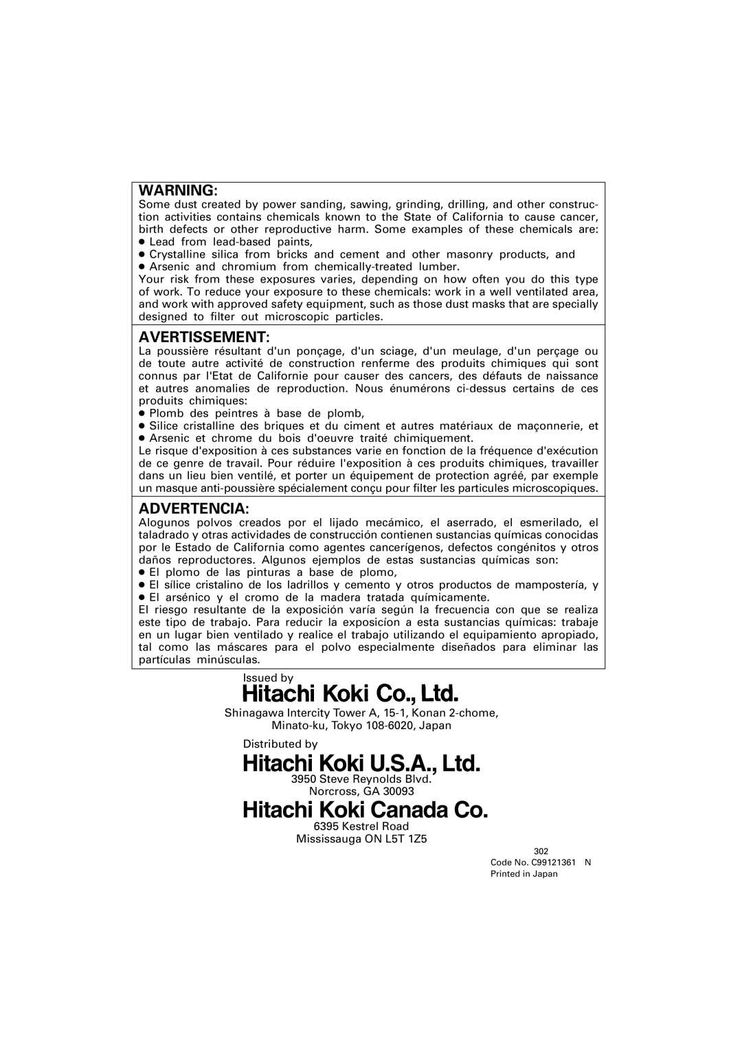 Hitachi DH 25PB instruction manual Avertissement, Kestrel Road Mississauga on L5T 1Z5 