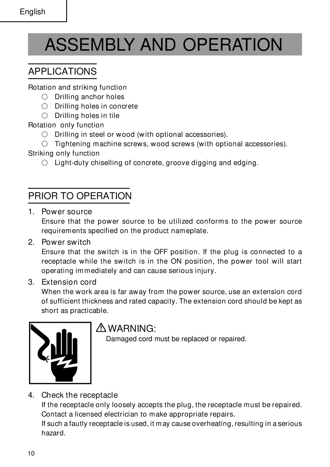 Hitachi DH 30PB, DH 30PC instruction manual Assembly and Operation, Applications, Prior to Operation 