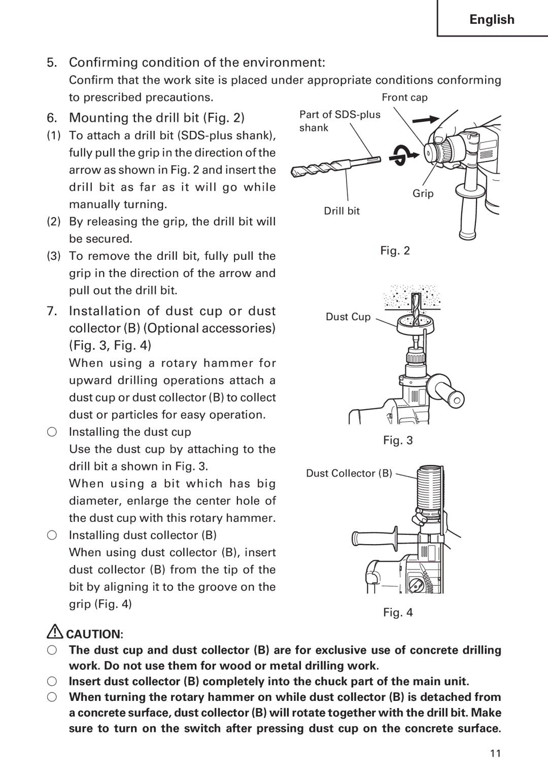 Hitachi DH 30PC Confirming condition of the environment, Mounting the drill bit Fig, Installation of dust cup or dust 