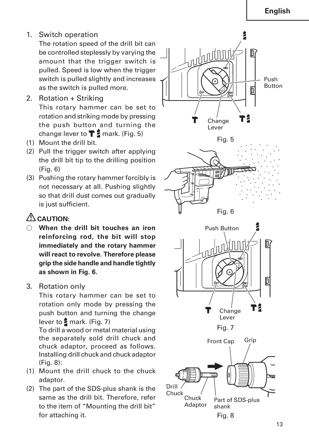 Hitachi DH 30PC, DH 30PB instruction manual Switch operation, Rotation + Striking, Rotation only 