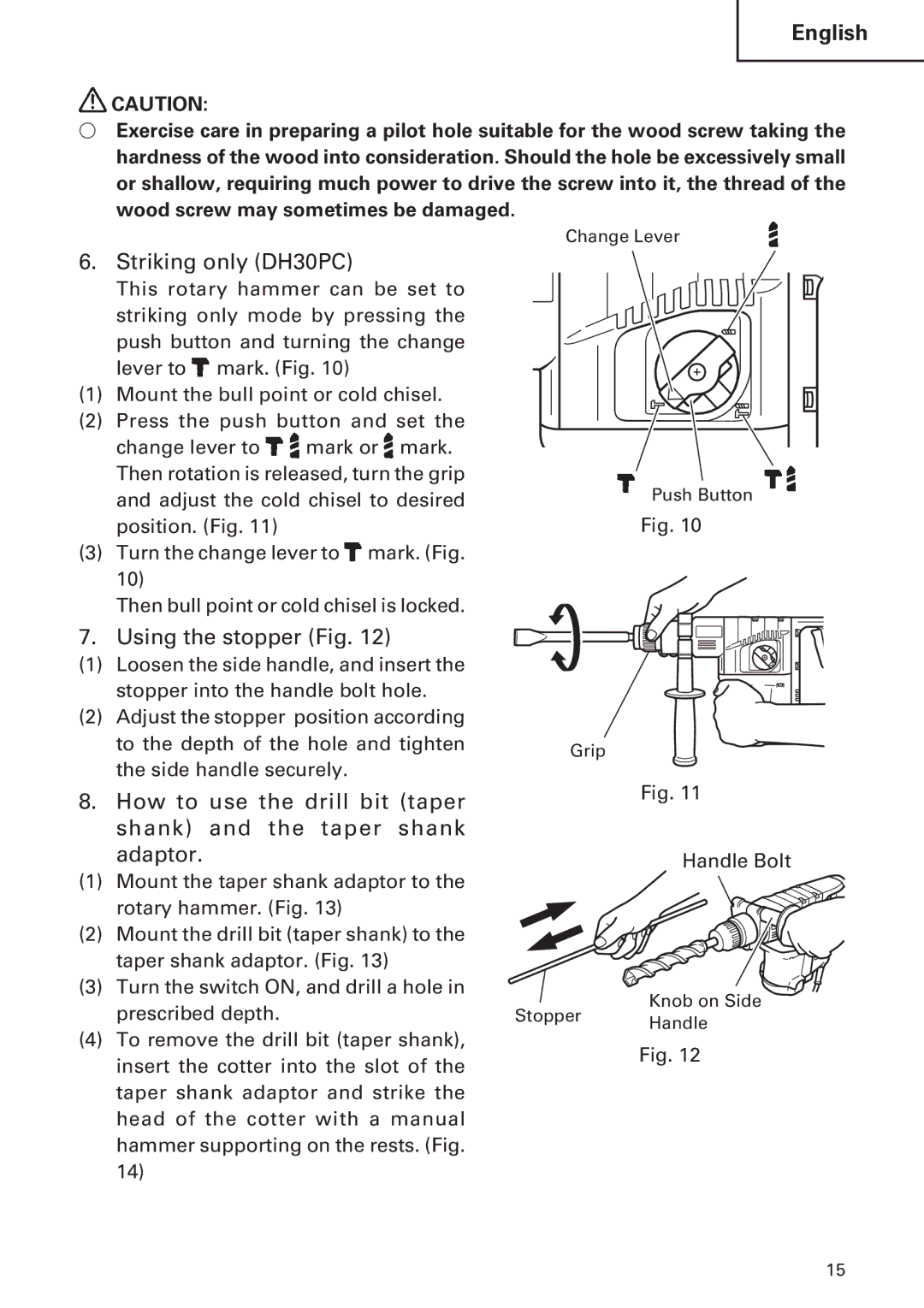 Hitachi DH 30PC, DH 30PB instruction manual Striking only DH30PC, Using the stopper Fig 