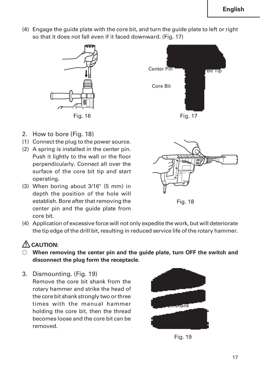 Hitachi DH 30PC, DH 30PB instruction manual How to bore Fig, Dismounting. Fig 