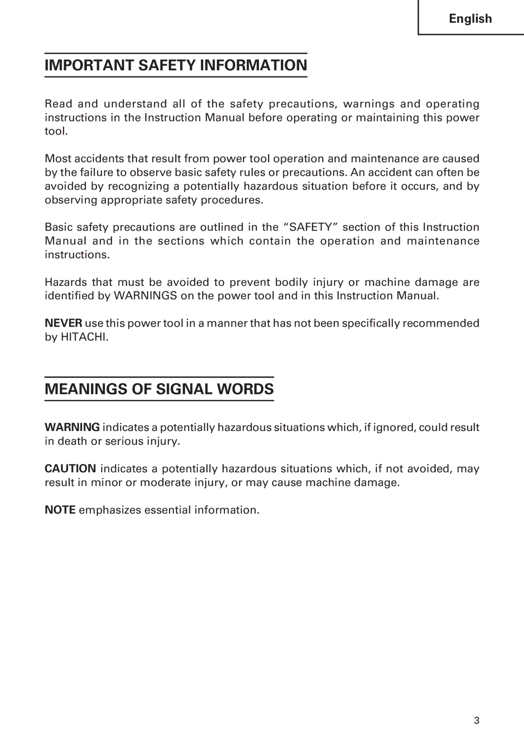 Hitachi DH 30PC, DH 30PB instruction manual Important Safety Information, Meanings of Signal Words 