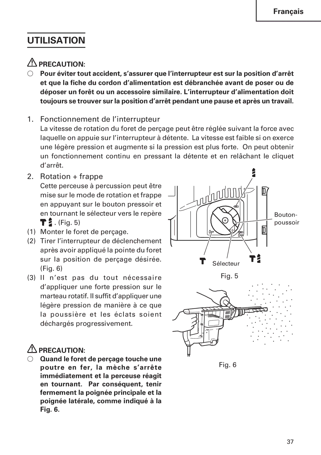 Hitachi DH 30PC, DH 30PB instruction manual Utilisation, Fonctionnement de l’interrupteur, Rotation + frappe 