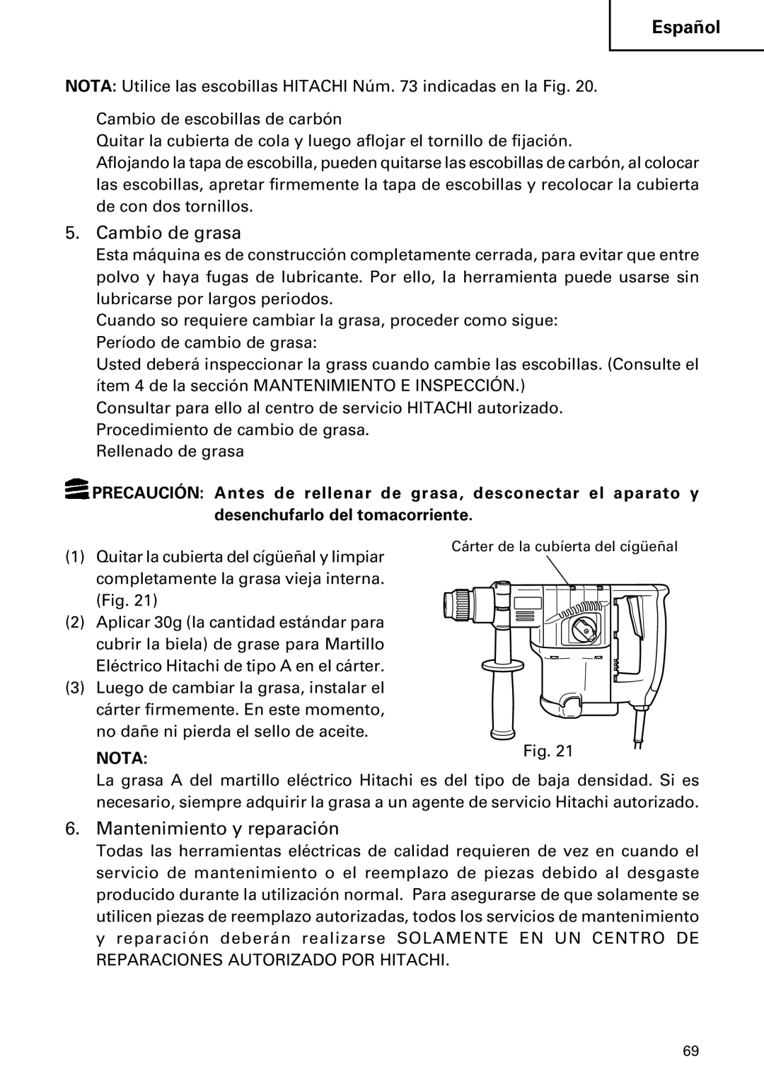 Hitachi DH 30PC, DH 30PB instruction manual Cambio de grasa, Mantenimiento y reparación 