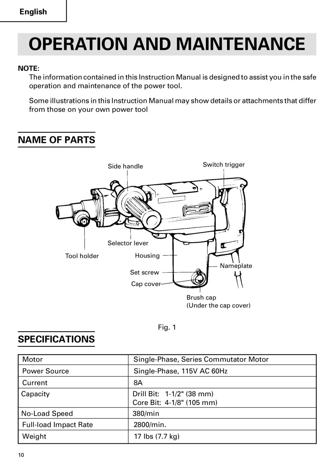 Hitachi DH 38YE instruction manual Name of Parts, Specifications 