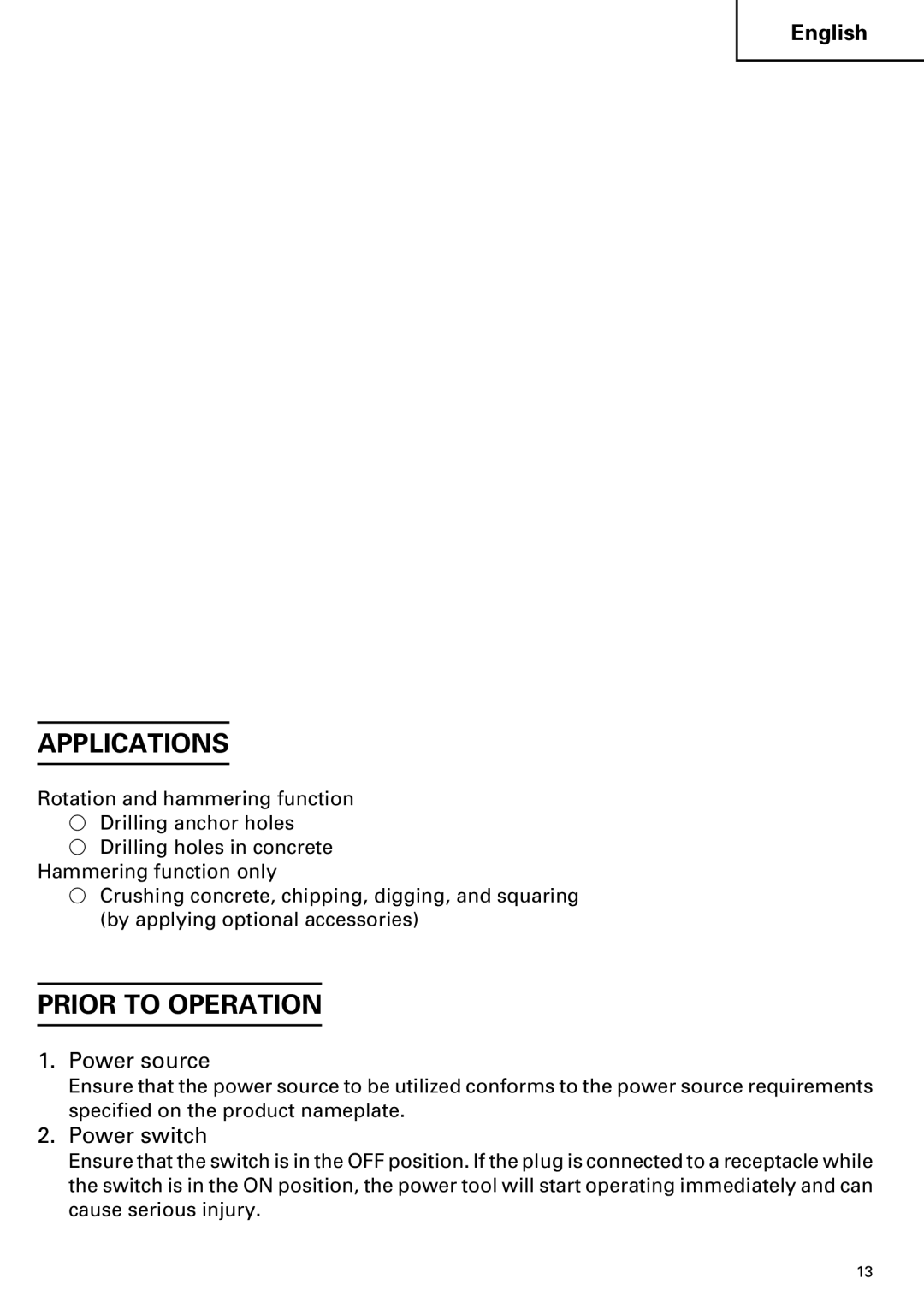 Hitachi DH 38YE instruction manual Applications, Prior to Operation, Power source, Power switch 