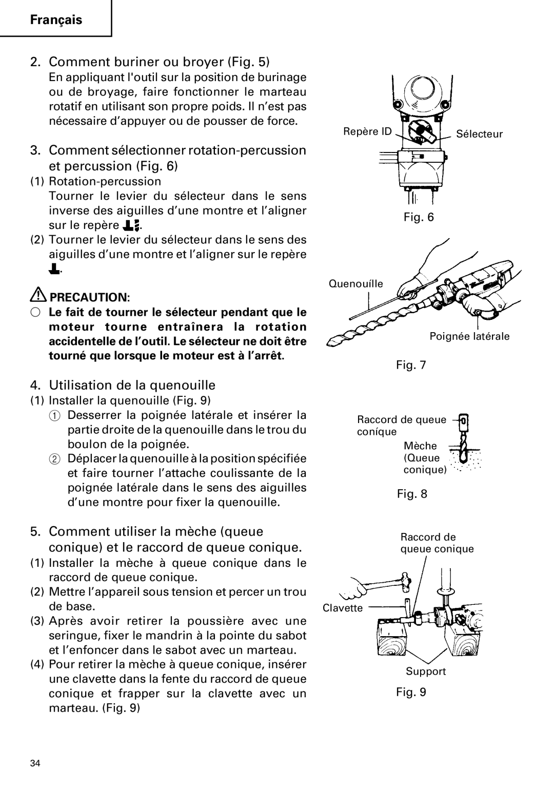 Hitachi DH 38YE Comment buriner ou broyer Fig, Comment sélectionner rotation-percussion et percussion Fig 