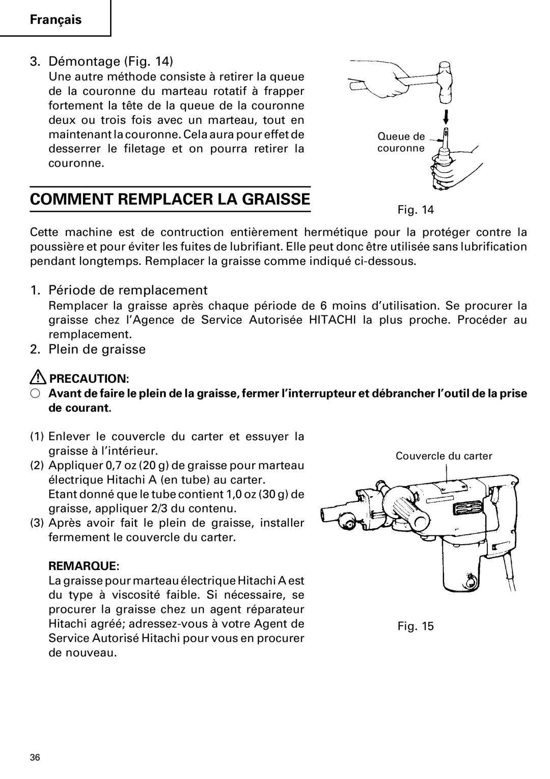 Hitachi DH 38YE instruction manual Comment Remplacer LA Graisse, Démontage Fig, Période de remplacement, Plein de graisse 