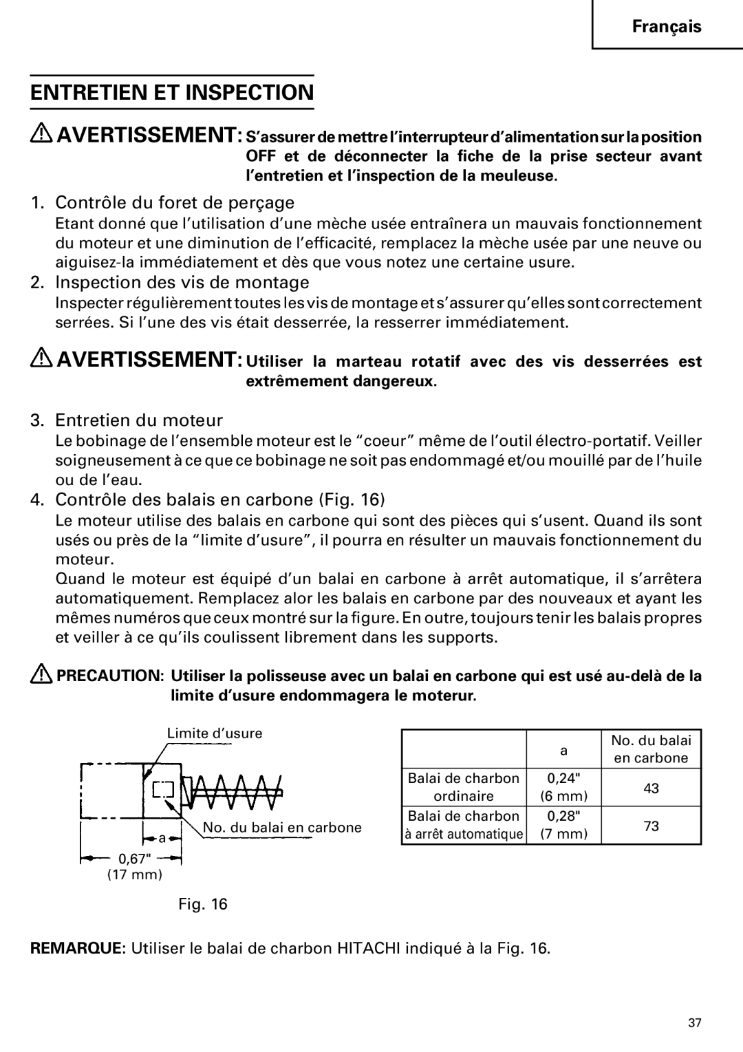 Hitachi DH 38YE Entretien ET Inspection, Contrôle du foret de perçage, Inspection des vis de montage, Entretien du moteur 