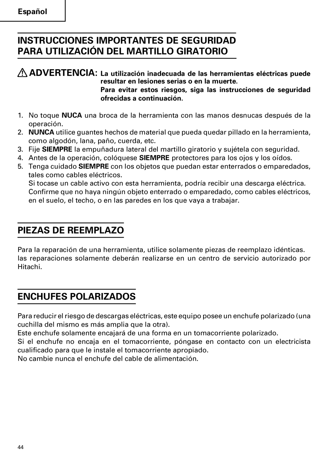 Hitachi DH 38YE instruction manual Piezas DE Reemplazo, Enchufes Polarizados 