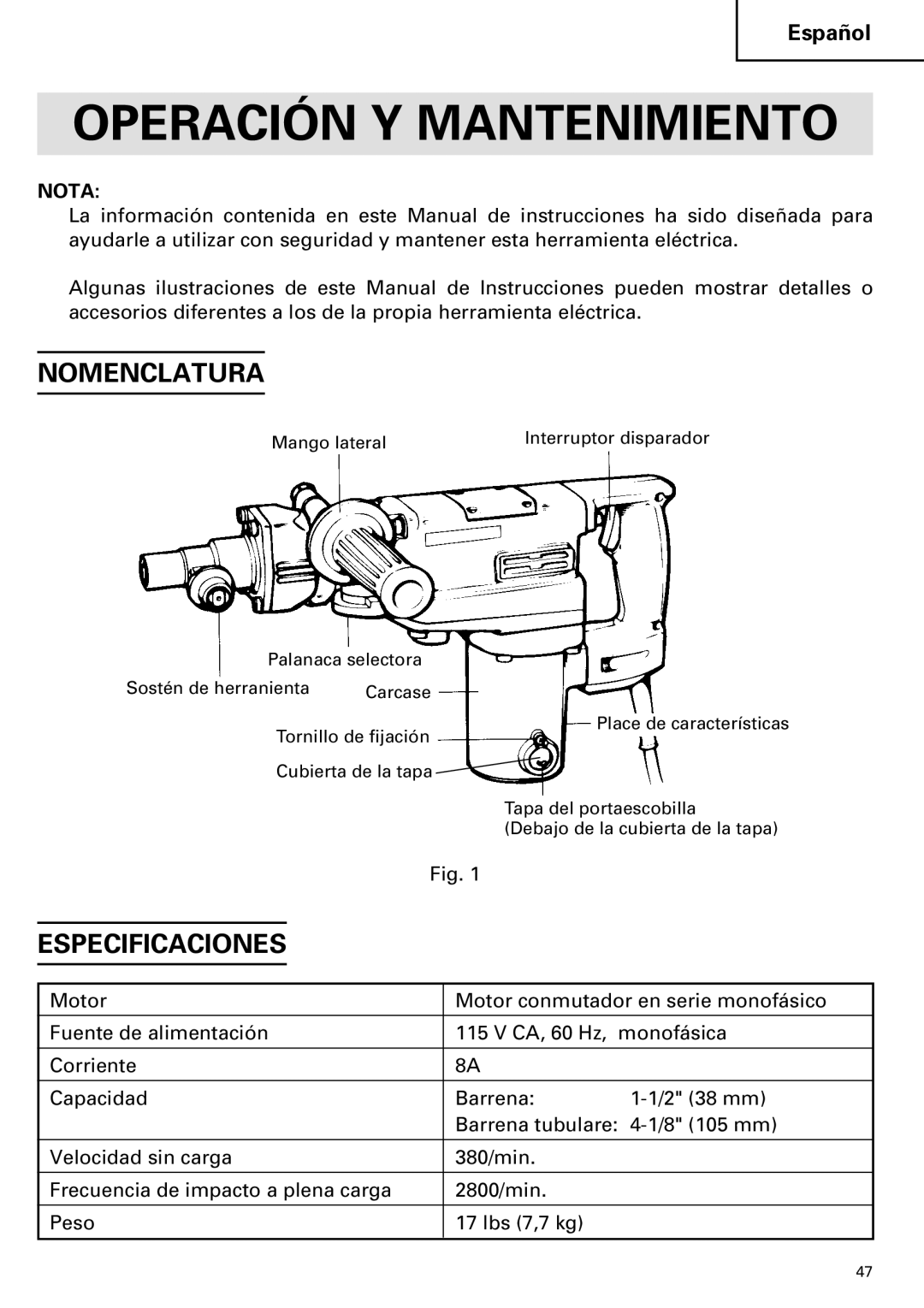 Hitachi DH 38YE instruction manual Nomenclatura, Especificaciones, Nota 