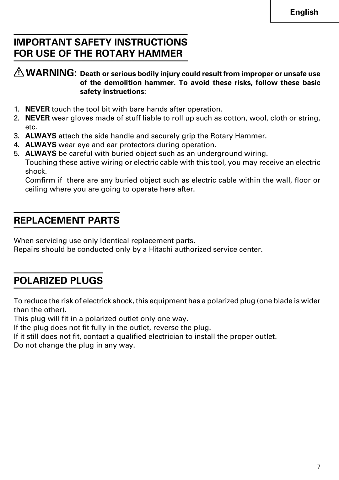 Hitachi DH 38YE Important Safety Instructions For USE of the Rotary Hammer, Replacement Parts, Polarized Plugs 