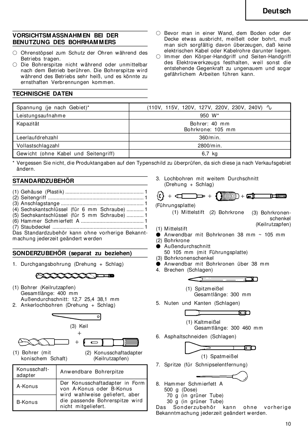 Hitachi DH 40FA manual Vorsichtsmassnahmen BEI DER Benutzung DES Bohrhammers, Technische Daten, Standardzubehör 