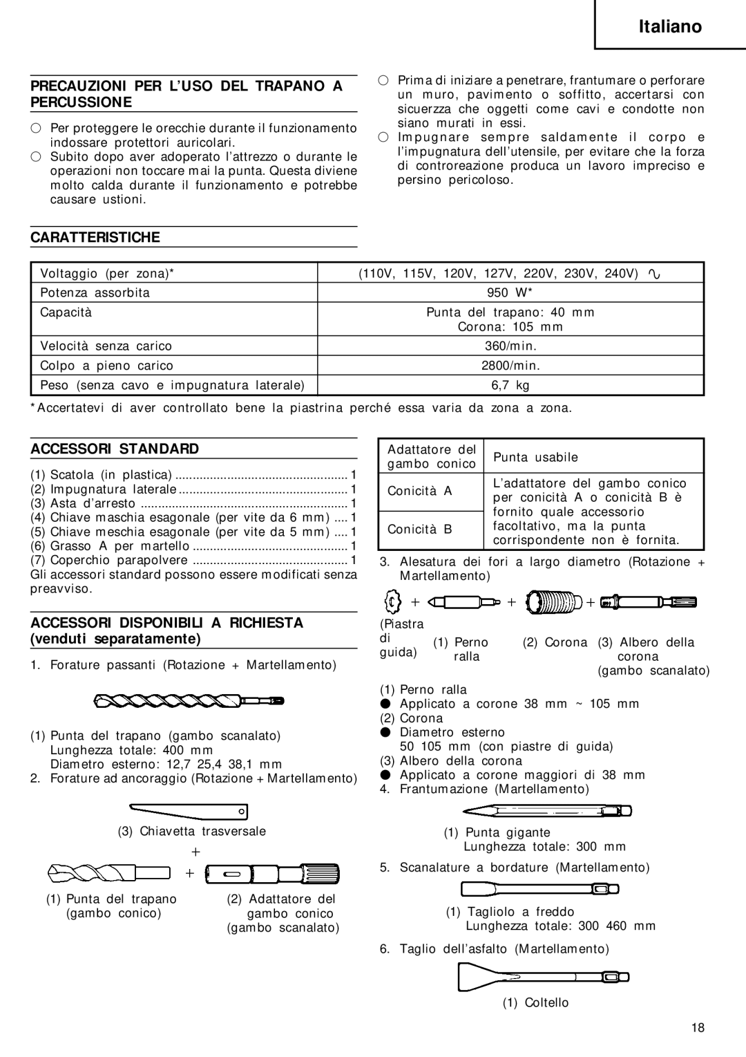 Hitachi DH 40FA manual Precauzioni PER L’USO DEL Trapano a Percussione, Caratteristiche, Accessori Standard 