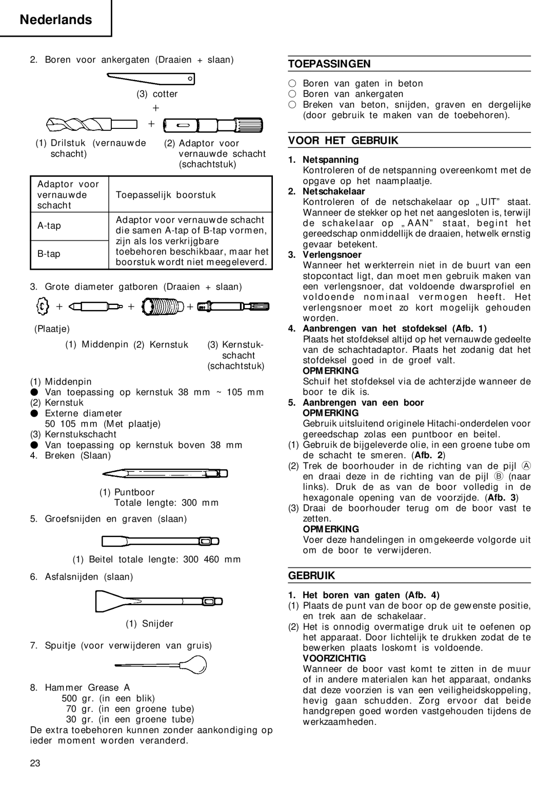 Hitachi DH 40FA manual Toepassingen, Voor HET Gebruik, Opmerking, Voorzichtig 