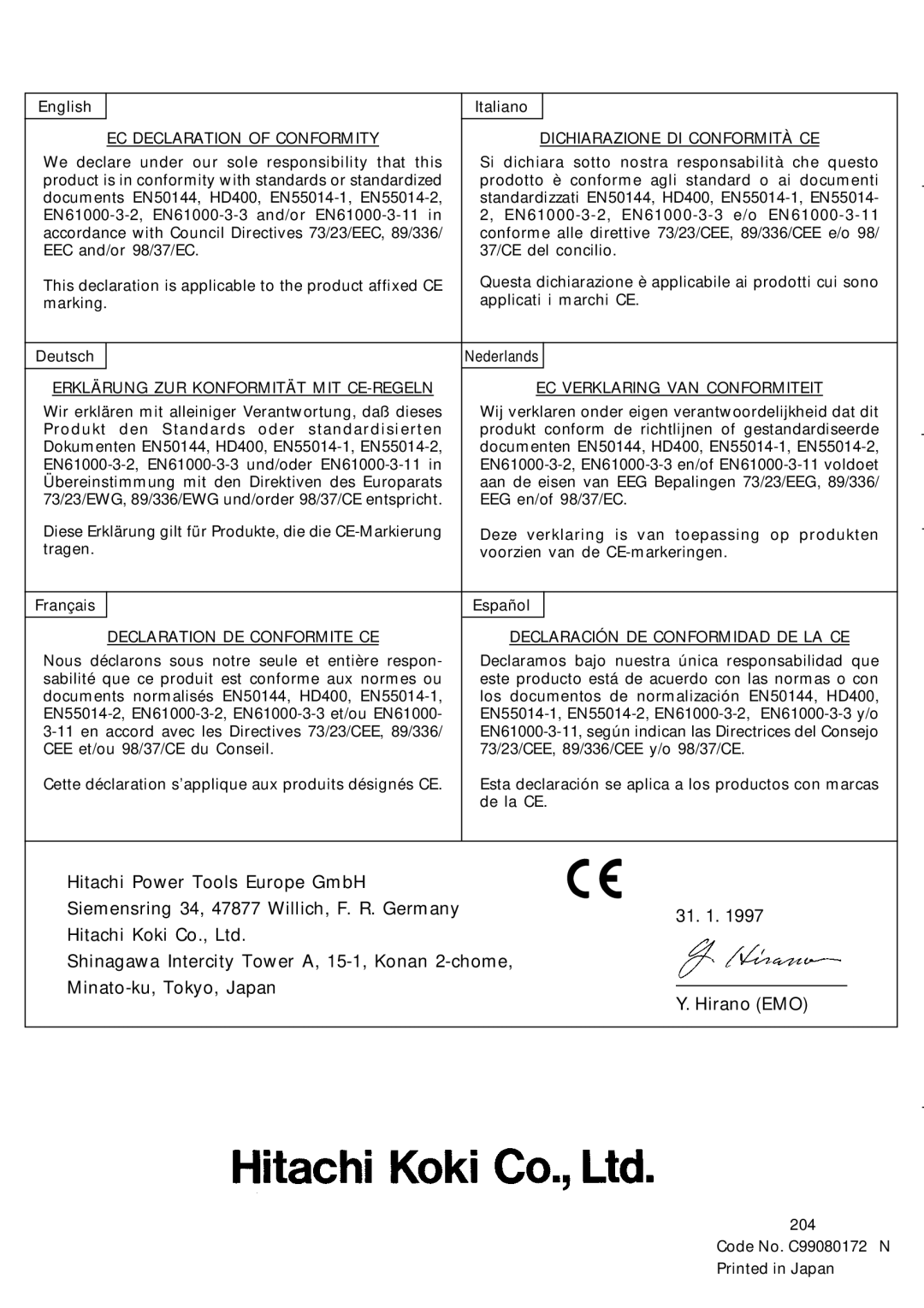 Hitachi DH 40FA manual EC Declaration of Conformity Dichiarazione DI Conformità CE 