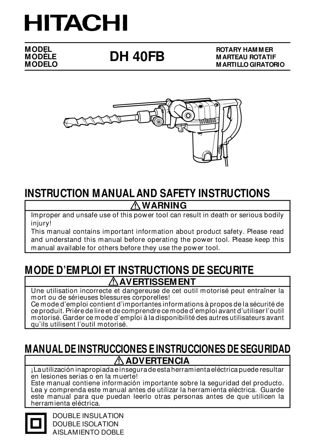 Hitachi DH 40FB instruction manual Manual DE Instrucciones E Instrucciones DE Seguridad 