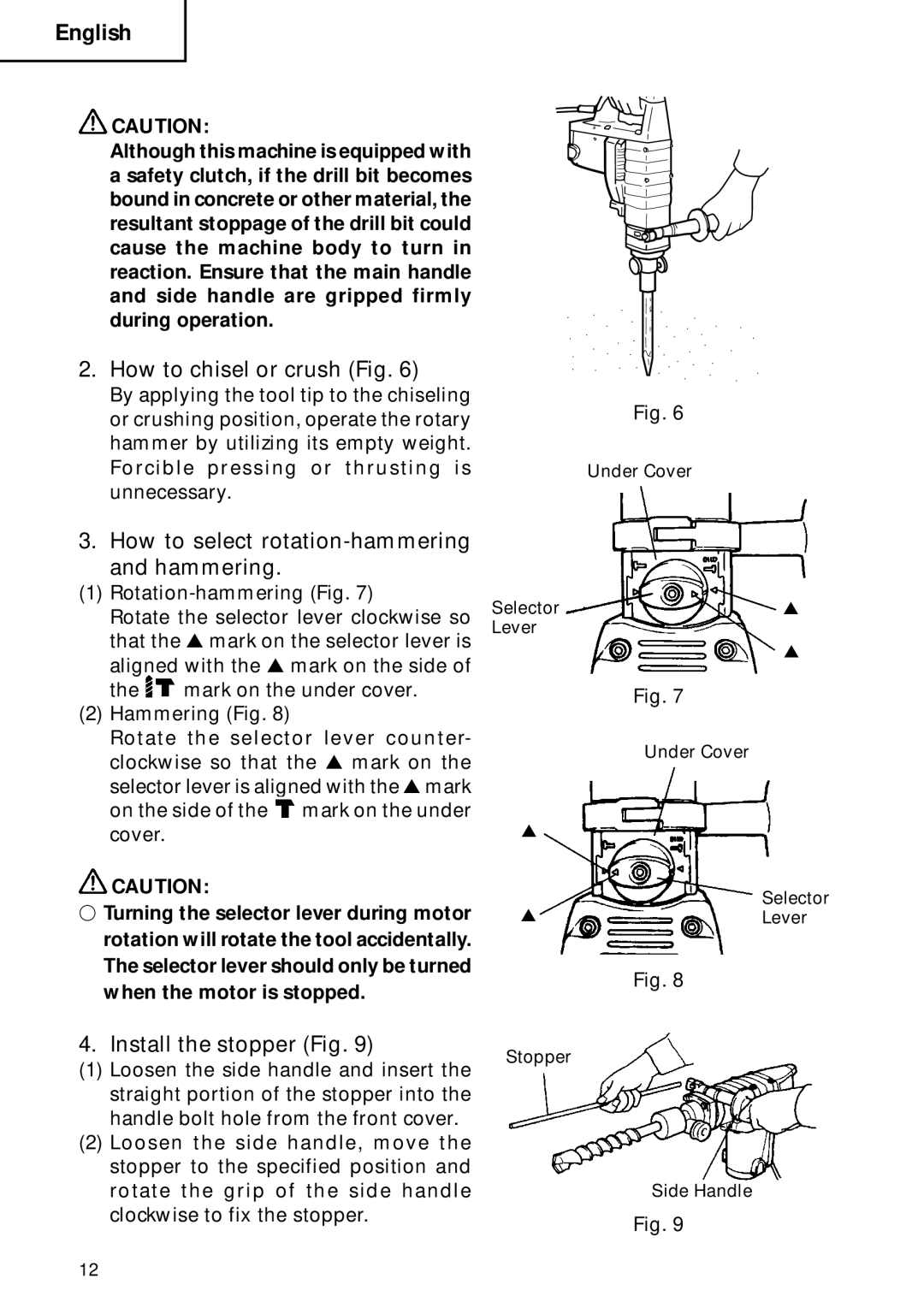 Hitachi DH 40FB How to chisel or crush Fig, How to select rotation-hammering and hammering, Install the stopper Fig 