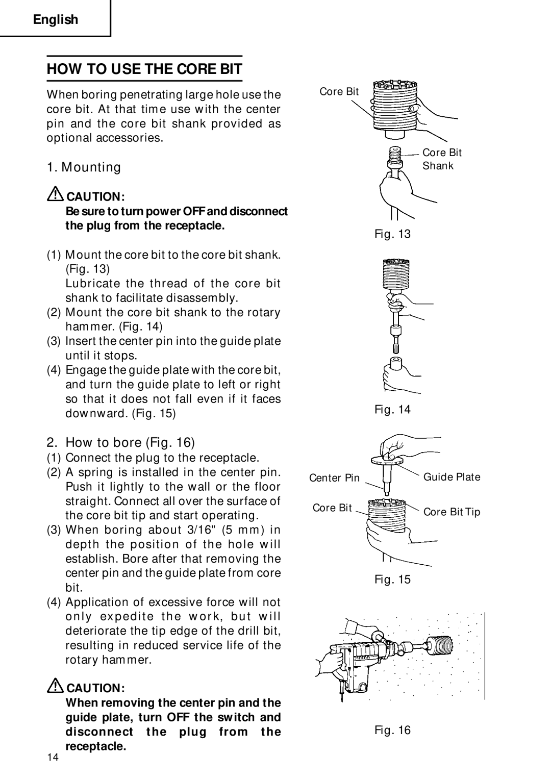 Hitachi DH 40FB instruction manual HOW to USE the Core BIT, Mounting, How to bore Fig 