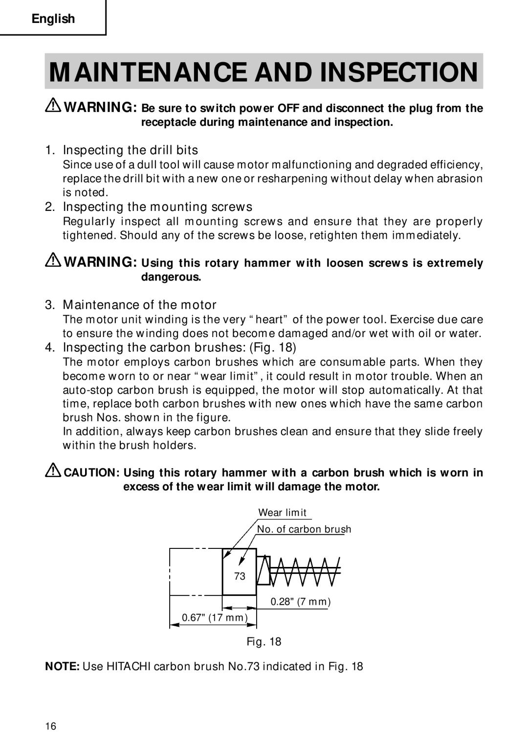 Hitachi DH 40FB instruction manual Maintenance and Inspection, Inspecting the drill bits, Inspecting the mounting screws 