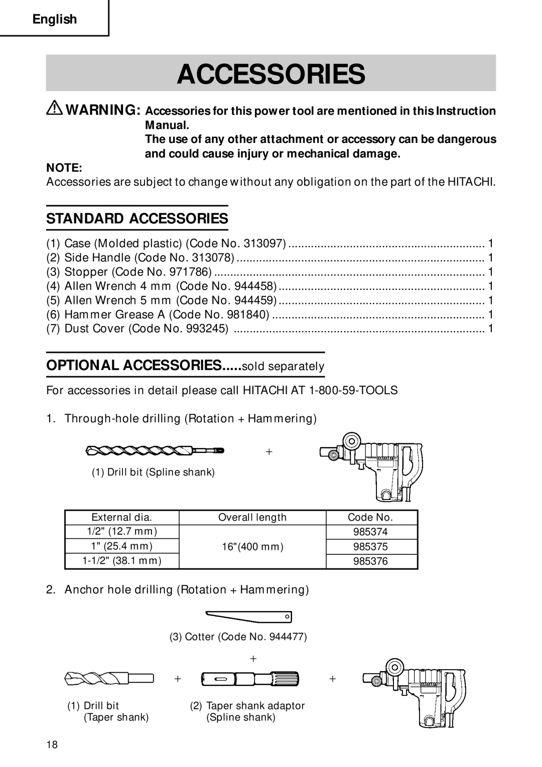 Hitachi DH 40FB instruction manual Standard Accessories 