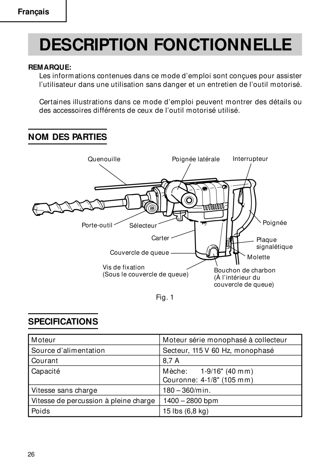 Hitachi DH 40FB instruction manual Description Fonctionnelle, NOM DES Parties 