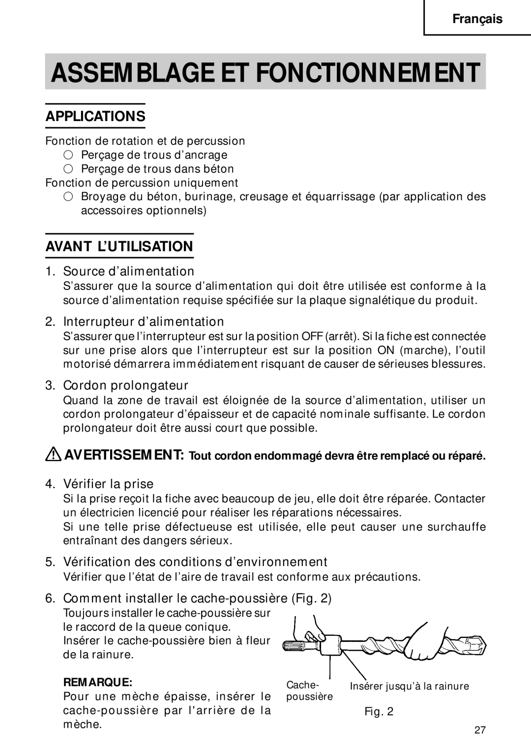 Hitachi DH 40FB instruction manual Avant L’UTILISATION 