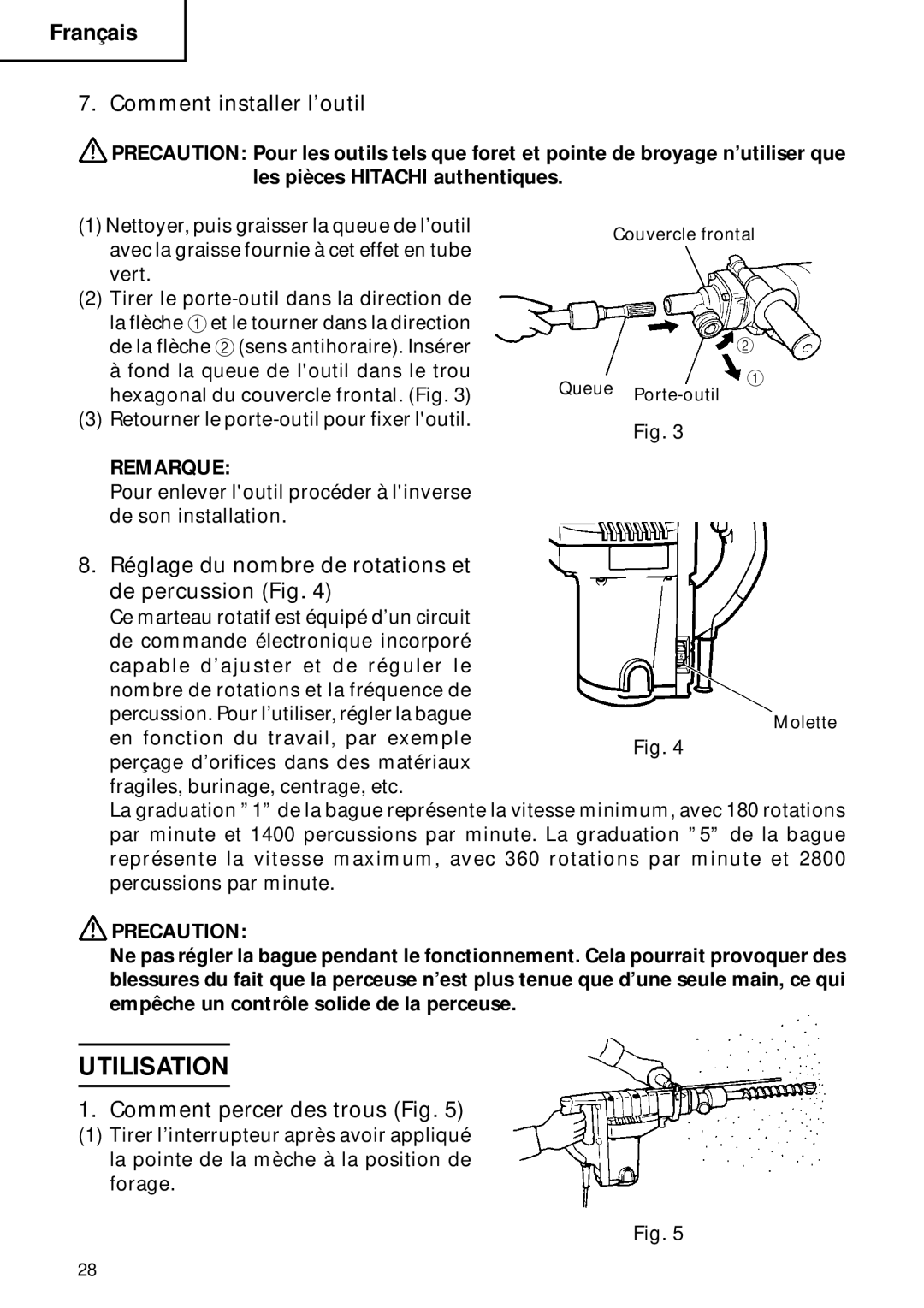 Hitachi DH 40FB Utilisation, Comment installer l’outil, Réglage du nombre de rotations et De percussion Fig 