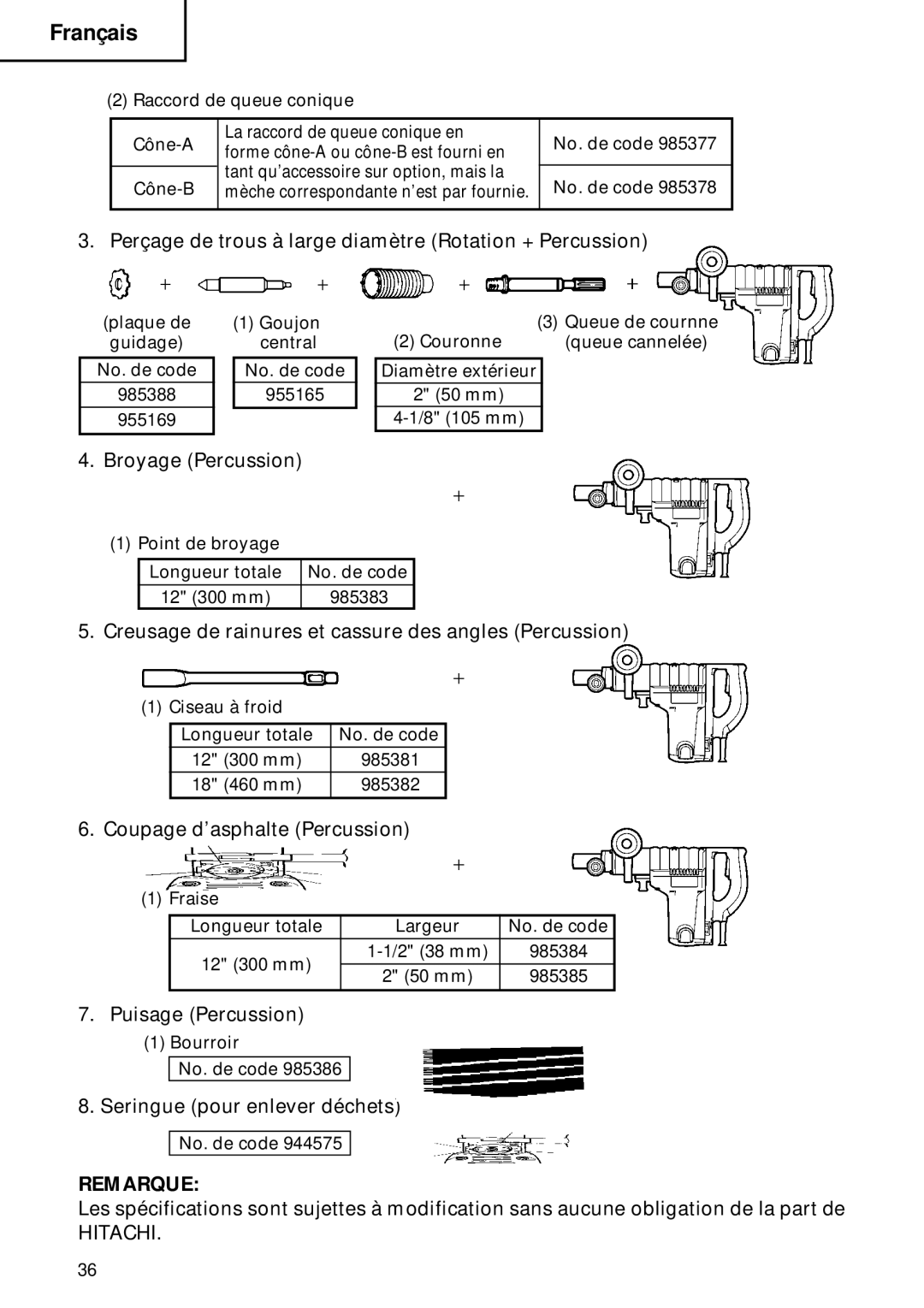 Hitachi DH 40FB instruction manual Broyage Percussion 