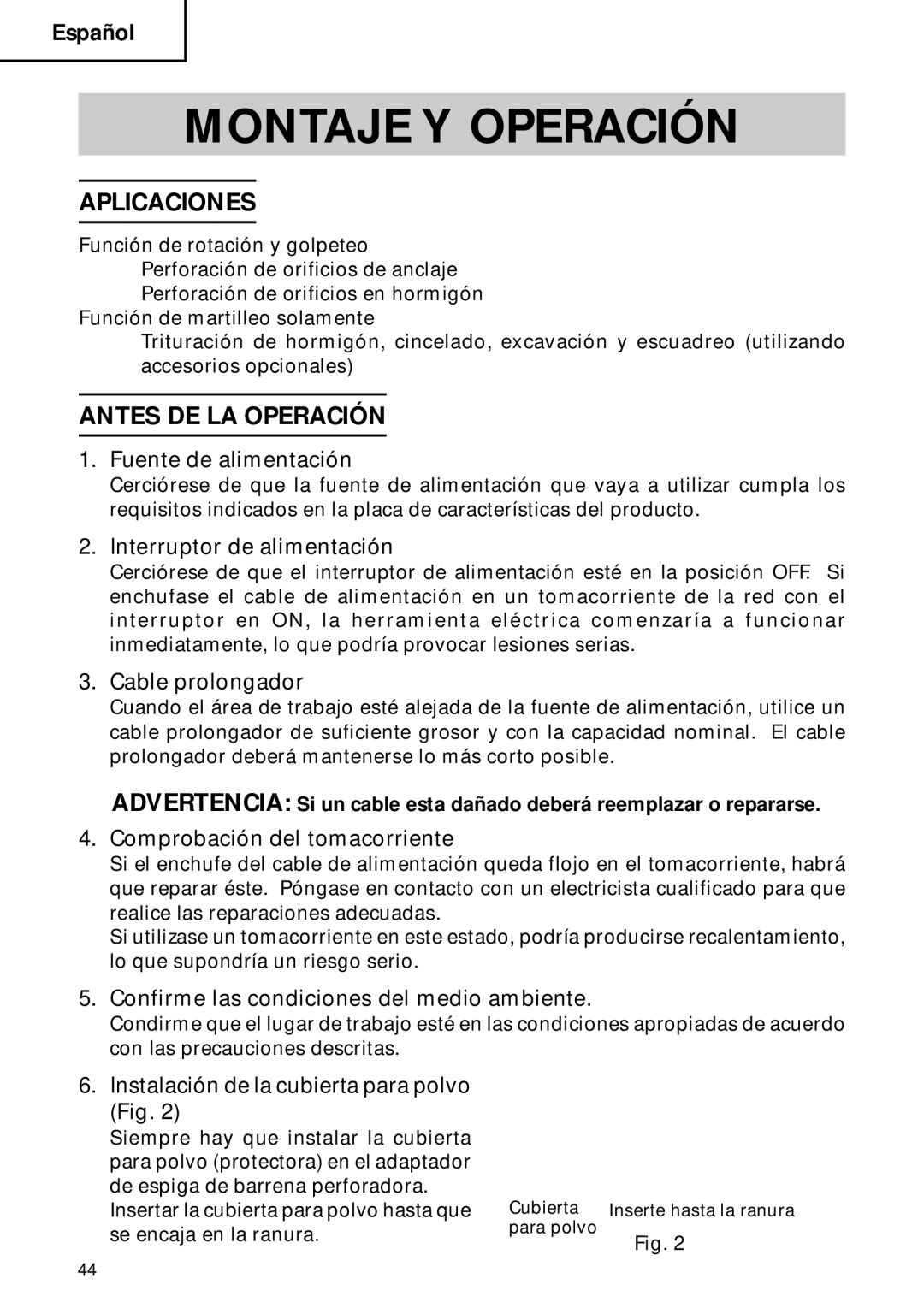 Hitachi DH 40FB instruction manual Montaje Y Operación, Aplicaciones, Antes DE LA Operación 