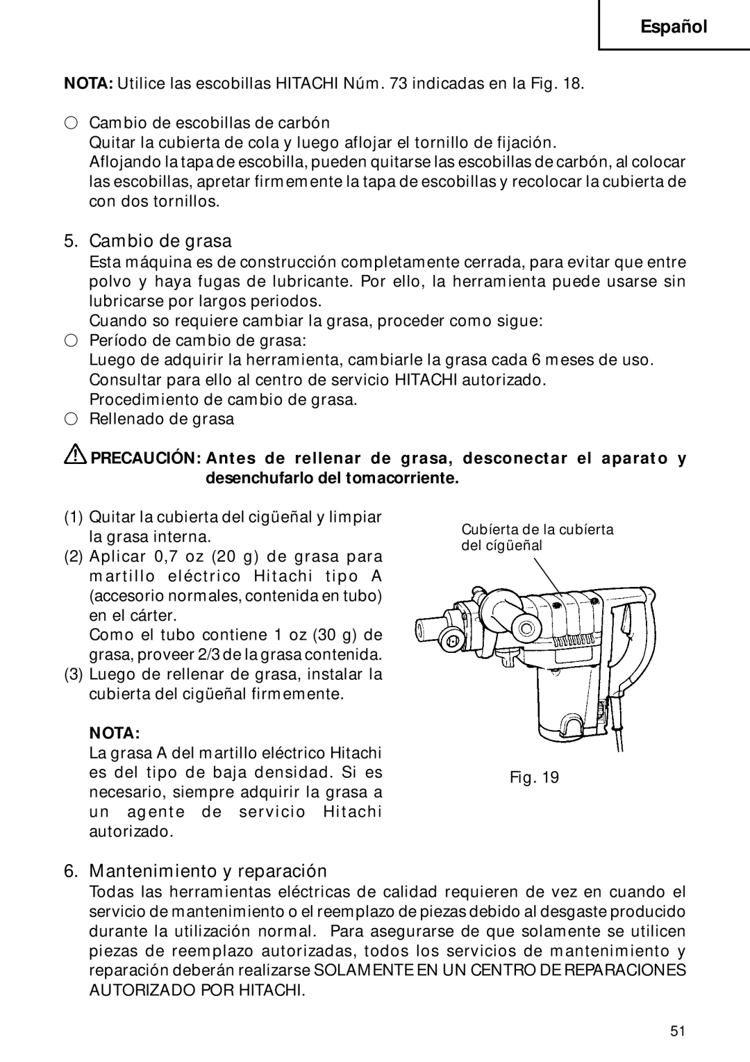 Hitachi DH 40FB instruction manual Cambio de grasa, Mantenimiento y reparación 