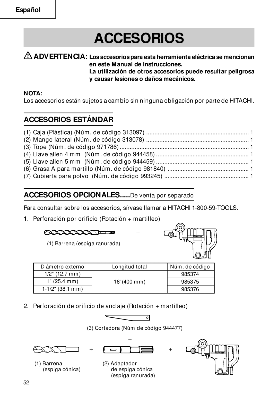 Hitachi DH 40FB instruction manual Accesorios Estándar 