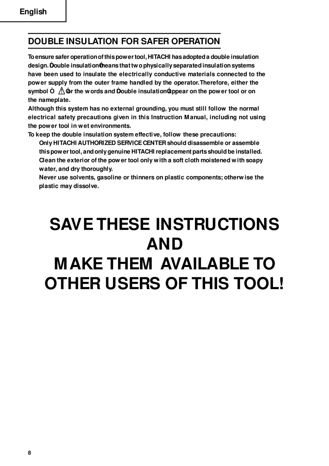 Hitachi DH 40FB instruction manual Double Insulation for Safer Operation 