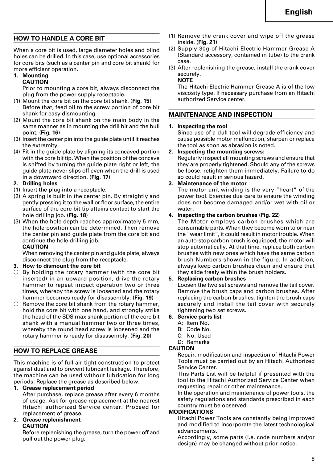 Hitachi DH 40MR manual HOW to Handle a Core BIT, HOW to Replace Grease, Maintenance and Inspection 