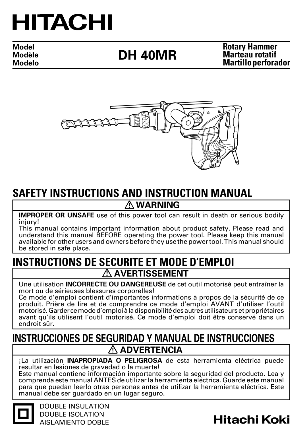 Hitachi DH 40MR instruction manual Avertissement, Advertencia 