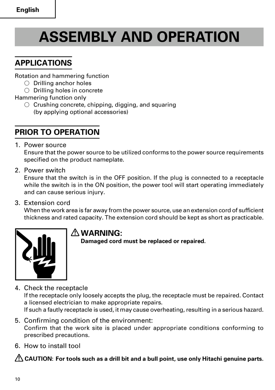 Hitachi DH 40MR instruction manual Assembly and Operation, Applications, Prior to Operation 