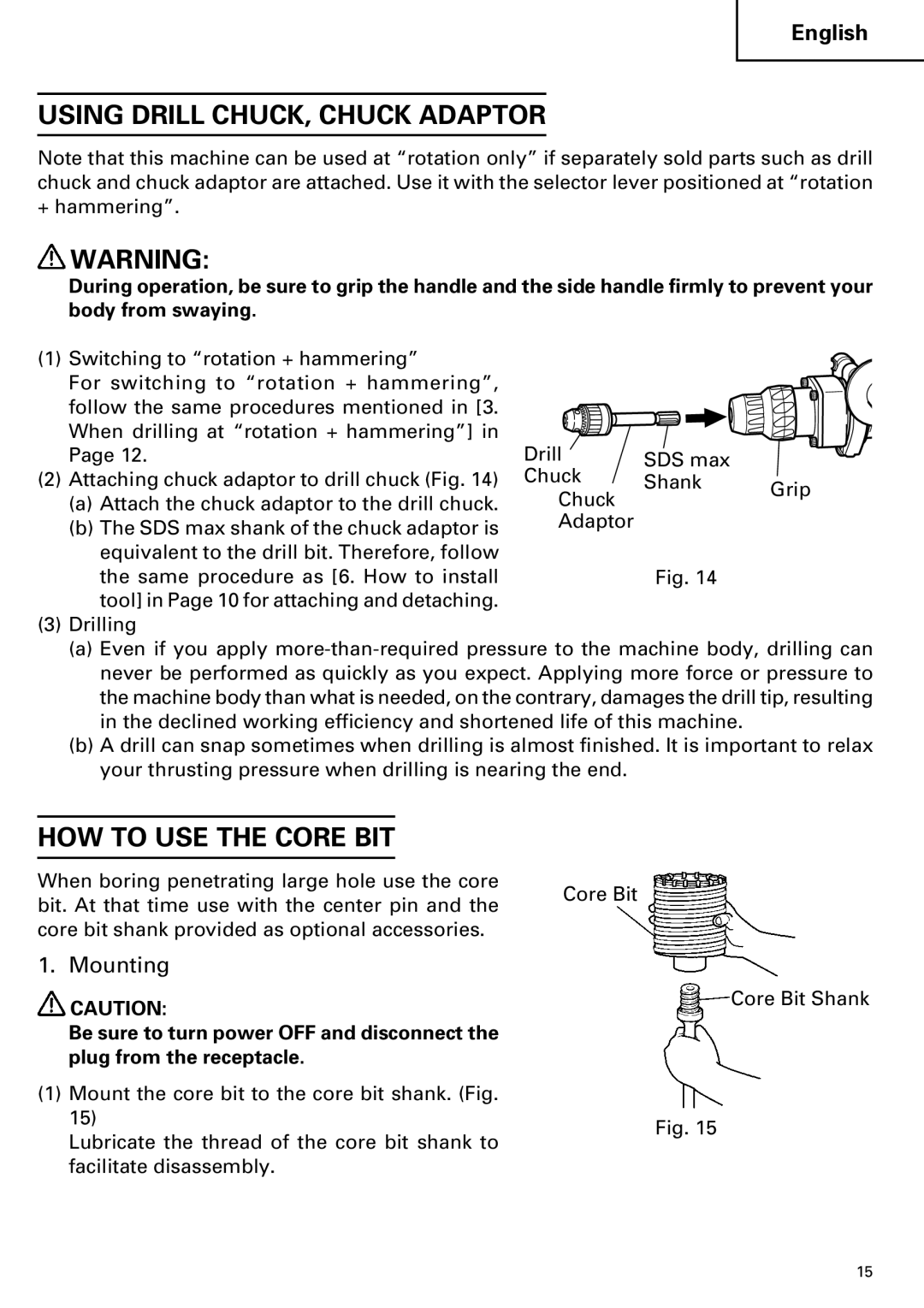 Hitachi DH 40MR instruction manual Using Drill CHUCK, Chuck Adaptor, Mounting 