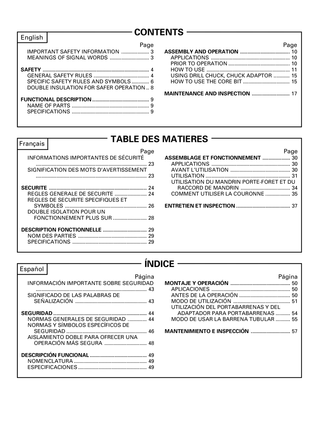 Hitachi DH 40MR instruction manual Contents, Table DES Matieres, Índice 