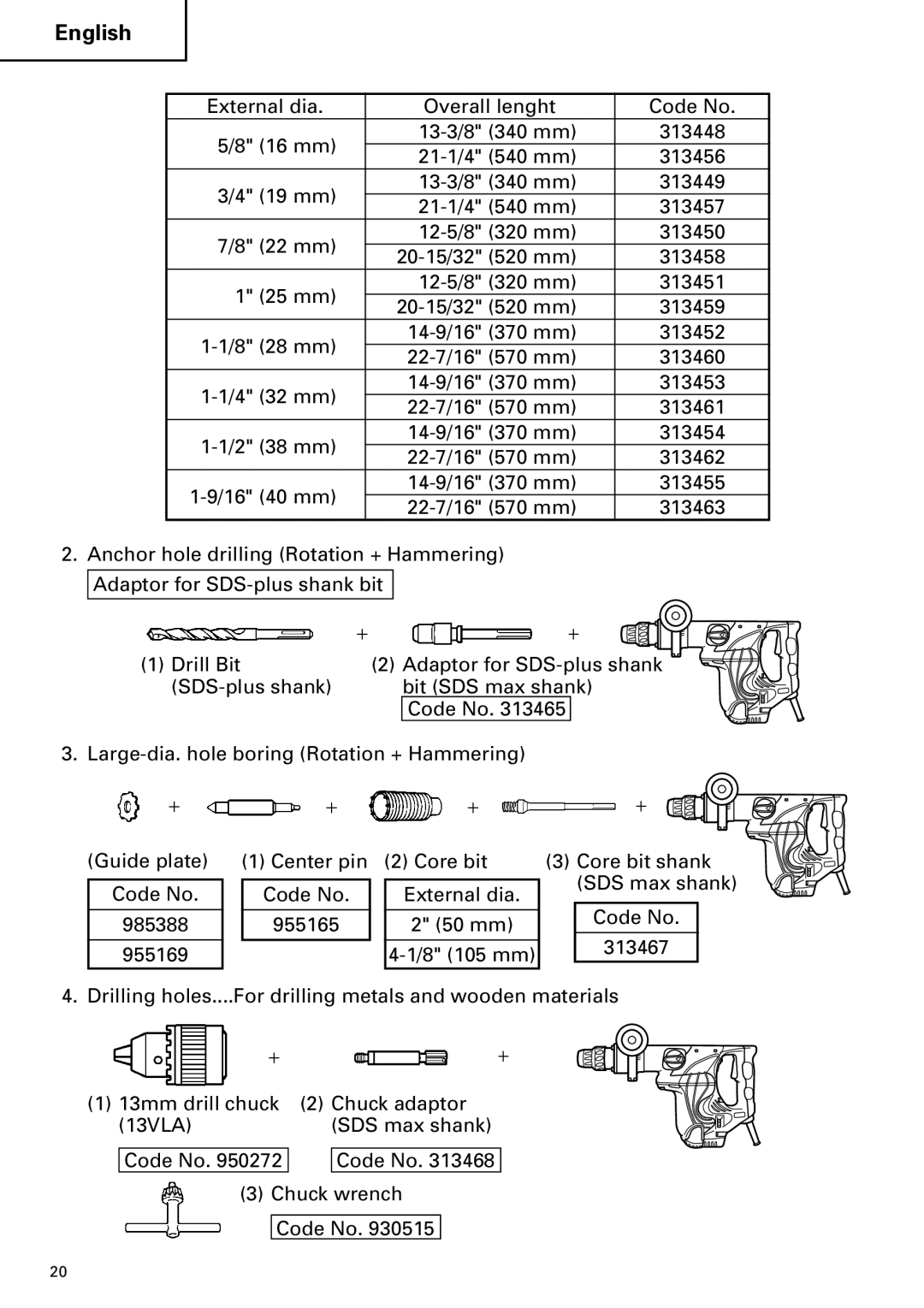 Hitachi DH 40MR instruction manual External dia Overall lenght Code No 16 mm 13-3/8 340 mm 