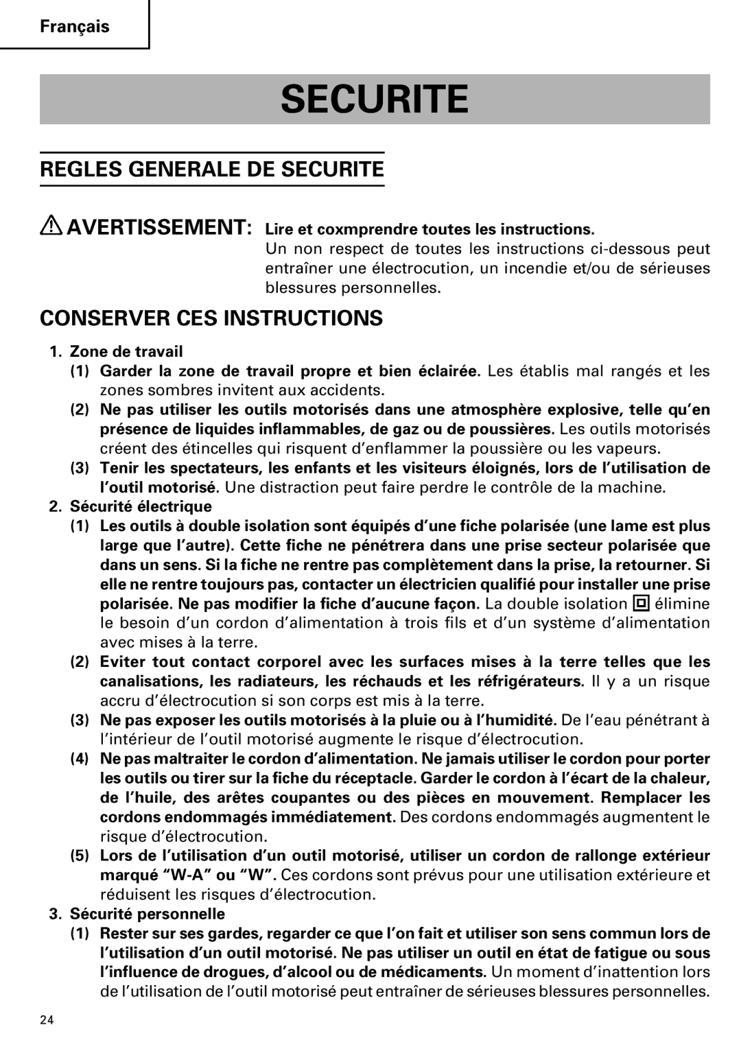 Hitachi DH 40MR instruction manual Regles Generale DE Securite, Conserver CES Instructions 