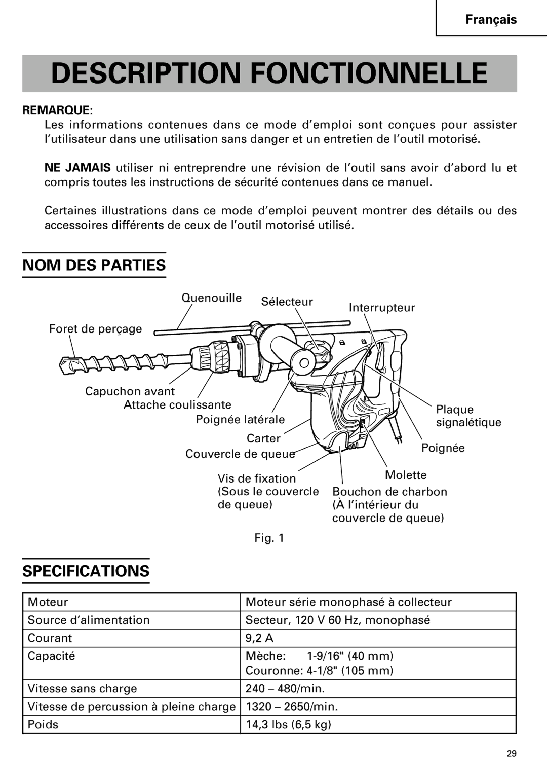 Hitachi DH 40MR instruction manual Description Fonctionnelle, NOM DES Parties 