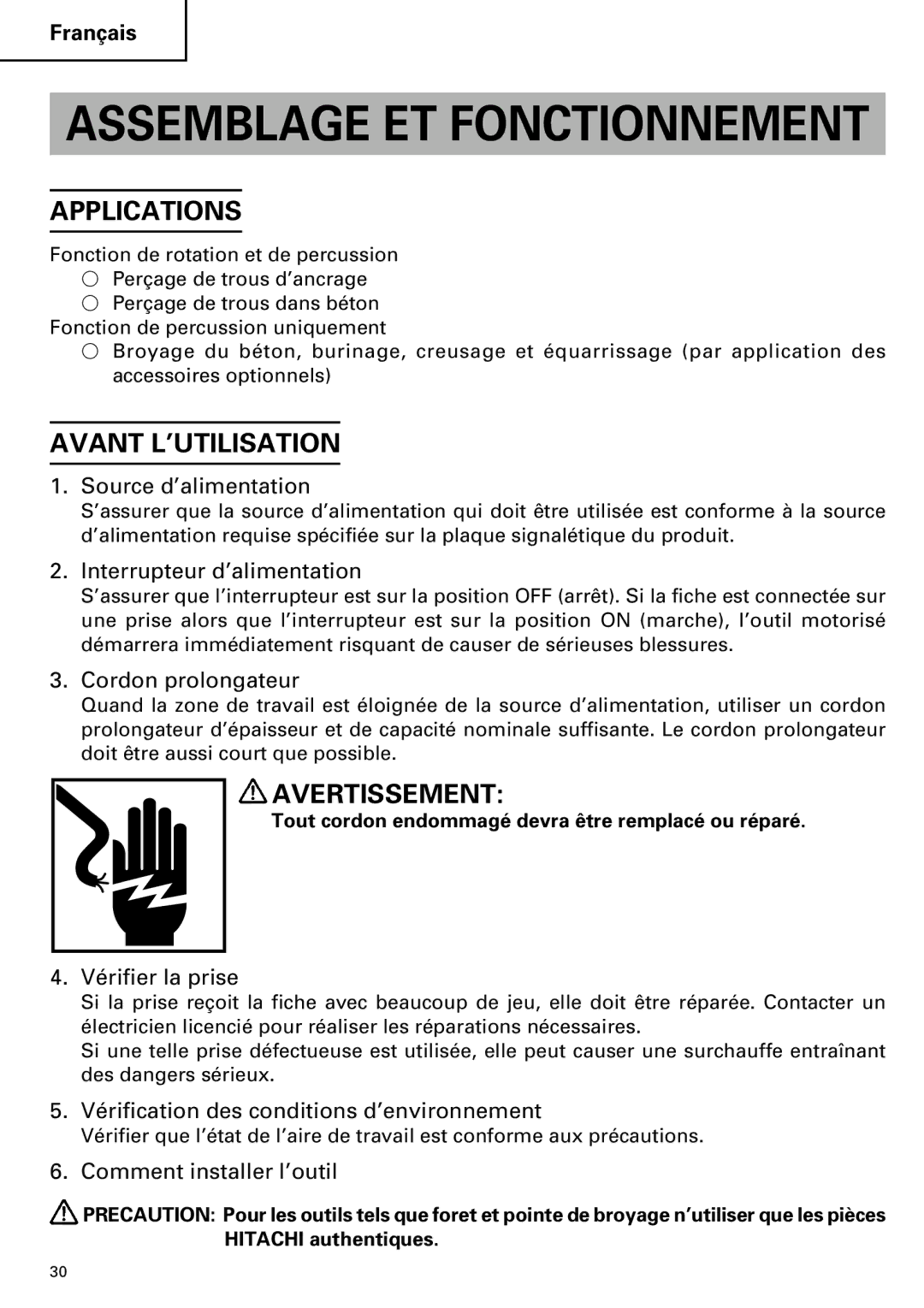 Hitachi DH 40MR instruction manual Avant L’UTILISATION 