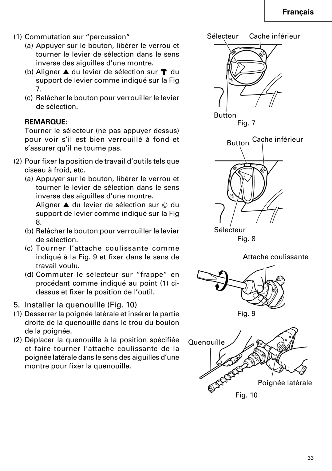 Hitachi DH 40MR instruction manual Installer la quenouille Fig 